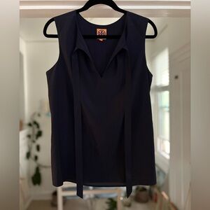 Tory Burch Navy/Black Tie Neck Sleeveless Silk Blouse